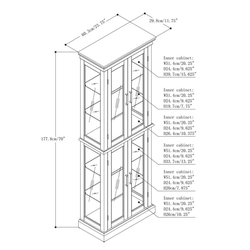 Curio Cabinet Lighted Curio Diapaly Cabinet With Adjustable Shelves And Mirrored Back Panel, Tempered Glass Doors (6 Tier), (E26 Light Bulb Not Included)