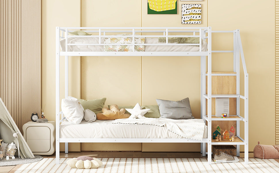 Twin Over Twin Metal Bunk Bed with Lateral Storage Ladder and Wardrobe, White - Atlantic Fine Furniture Melbourne FL