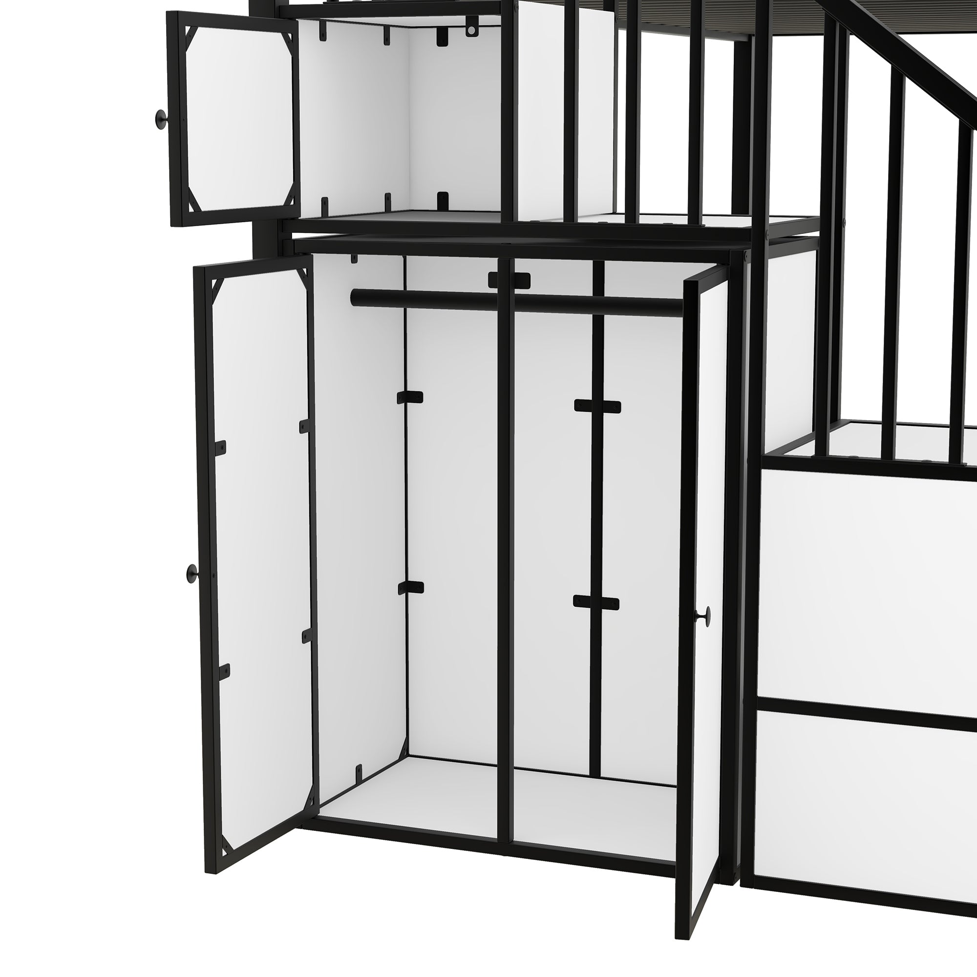 Metal Twin over Twin Castle-shaped Bunk Bed with Wardrobe and Multiple Storage, Black+White - Atlantic Fine Furniture Melbourne FL
