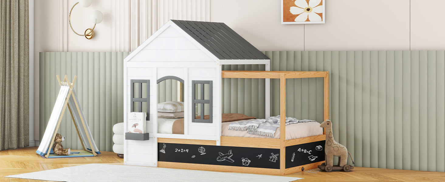 Twin Size House Shaped Canopy Bed with Black Roof and White Window,Blackboard and Little Shelf, White(Old SKU: WF294051AAK) - Atlantic Fine Furniture Melbourne FL