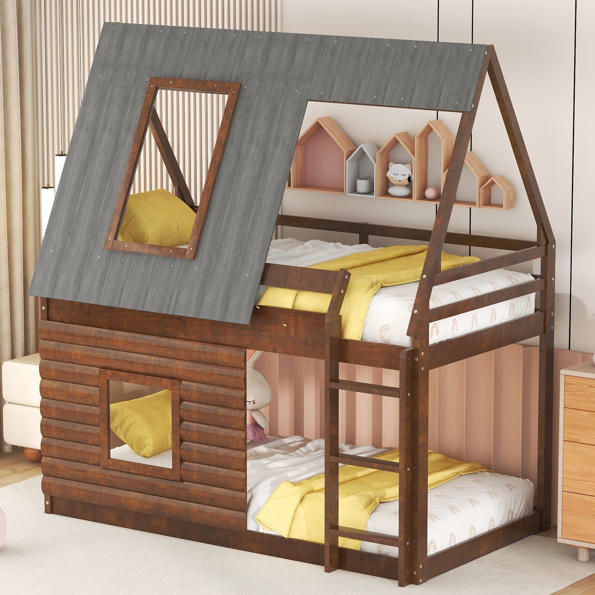 Wood Twin Size House Bunk Bed with Roof, Ladder and 2 Windows, Oak & Smoky Grey - Atlantic Fine Furniture Melbourne FL