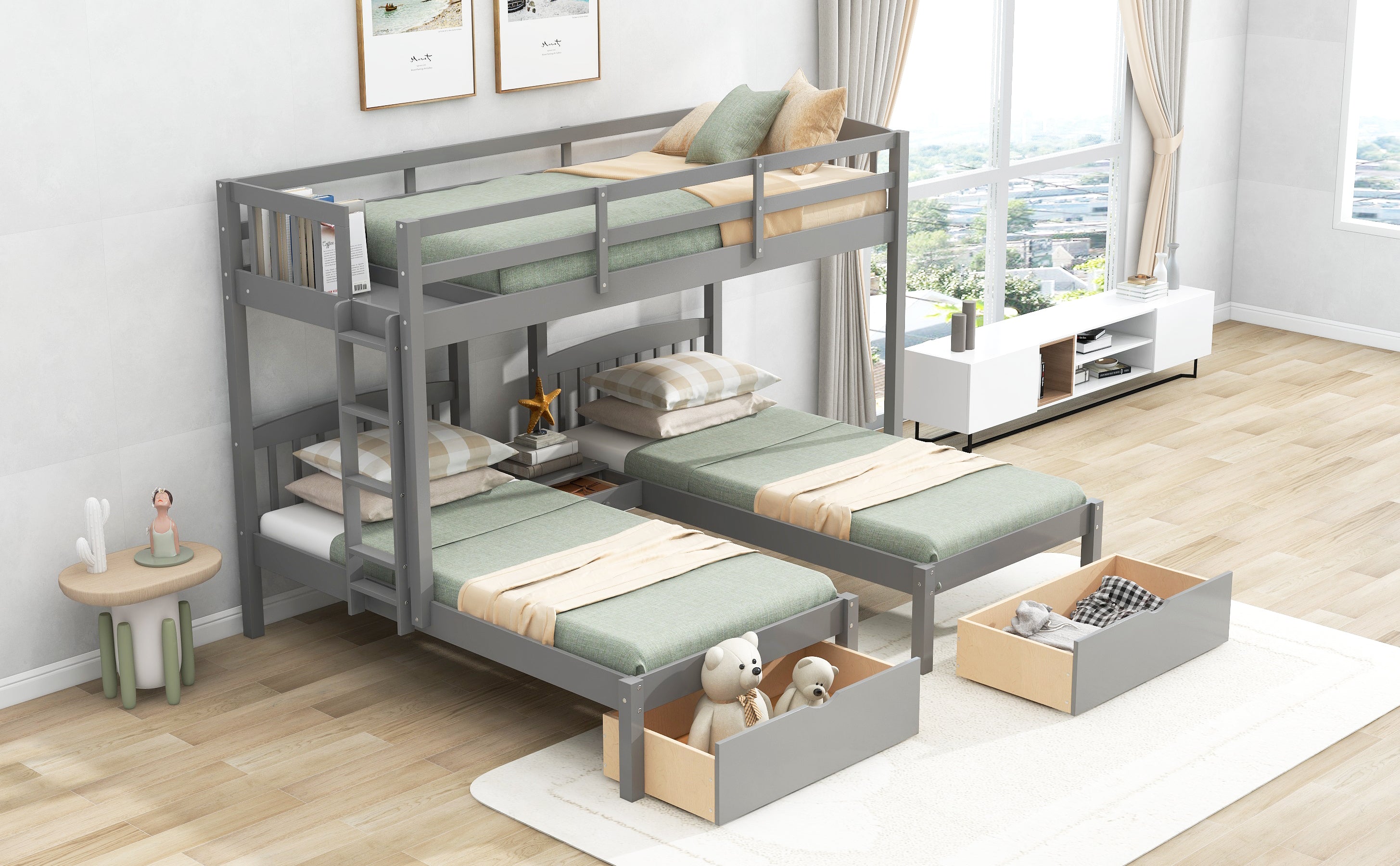 Twin over Twin & Twin Bunk Bed with Two Drawers and Built-in Middle Drawer, Gray - Atlantic Fine Furniture Melbourne FL