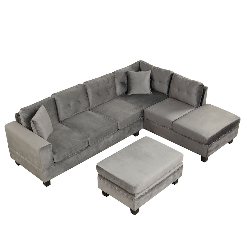 Modern Sectional Sofa With Storage Ottoman, L-Shape Couch With 2 Pillows And Cup Holder, Sectional Sofa With Reversible Chaise For Living Room