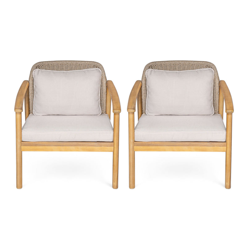 2 Piece Outdoor Acacia Wood Patio Club Chair, Patio Furniture Arm Chair With Woven Rope Backrest, Deep Seating For Porch - Light Teak / Beige