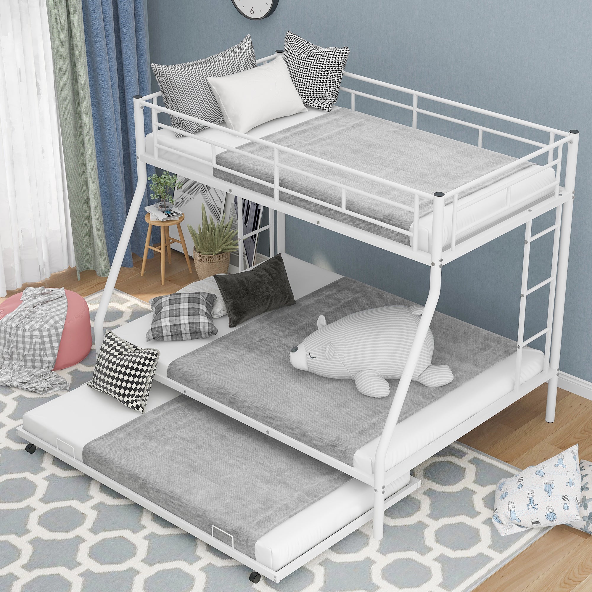 Twin over Full Bed with Sturdy Steel Frame, Bunk Bed with Twin Size Trundle, Two-Side Ladders, White(OLD SKU:MF194424AAK) - Atlantic Fine Furniture Melbourne FL