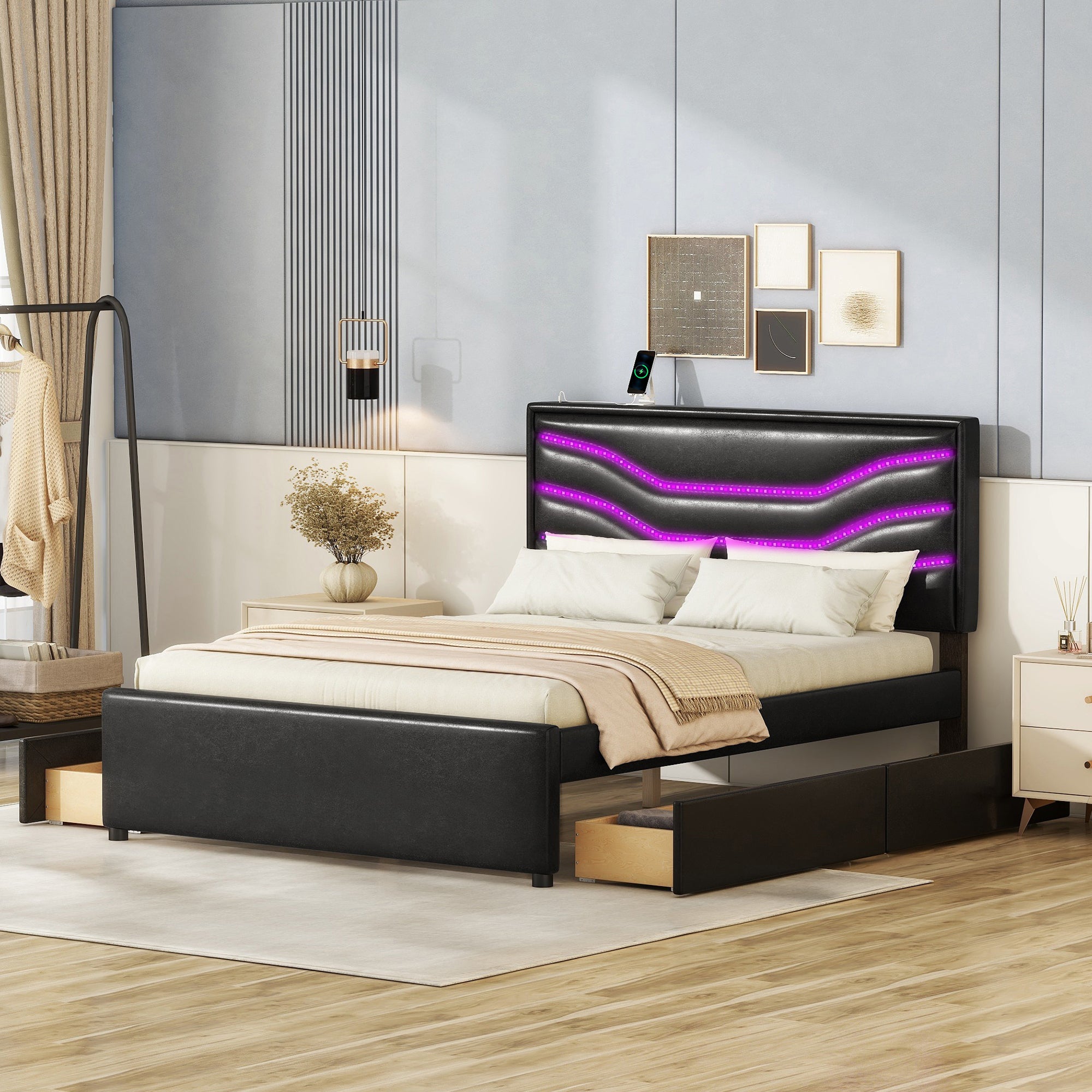 Queen Size Upholstered Storage Platform Bed with LED, 4 Drawers and USB Charging, Black - Atlantic Fine Furniture Melbourne FL