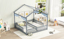 Double Twin House-Style Floor Bed with Fence, Guardrails, without door, Grey