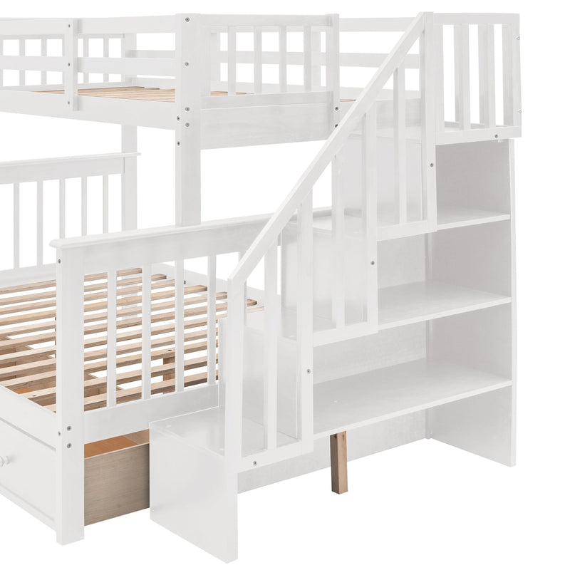 Twin Over Full Stairway Bunk Bed With Drawer, Storage And Guard Rail For Bedroom, Dorm, For Adults