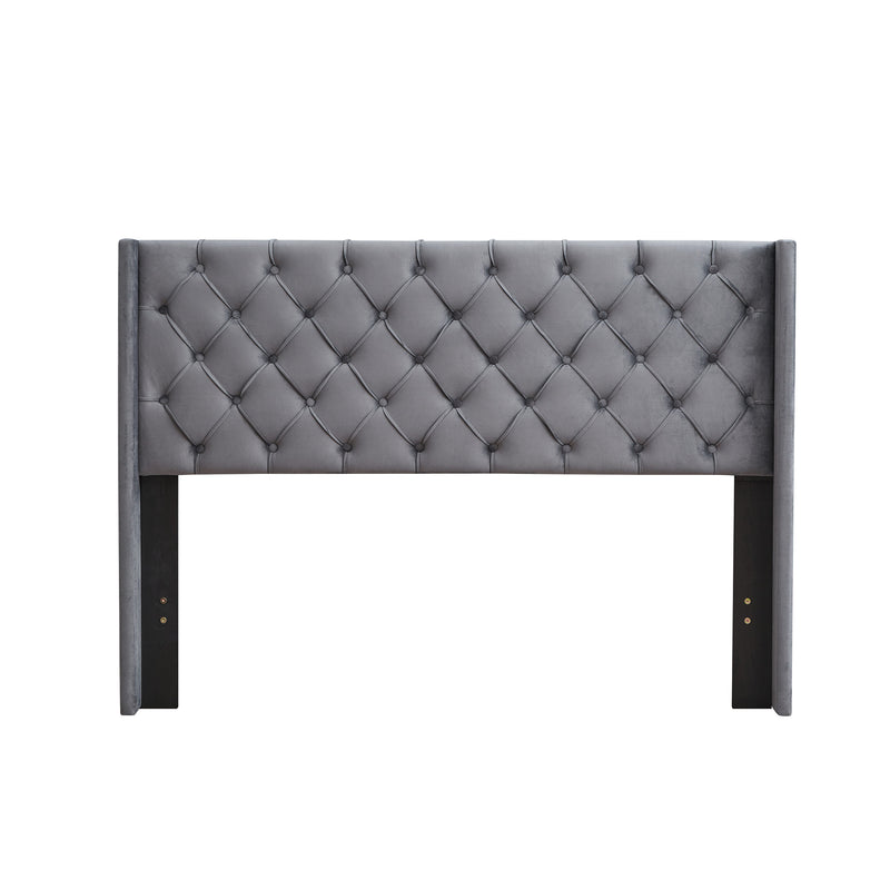 Velvet Button Tufted-Upholstered Bed with Wings Design - Strong Wood Slat Support - Easy Assembly - Gray, Queen, platform bed