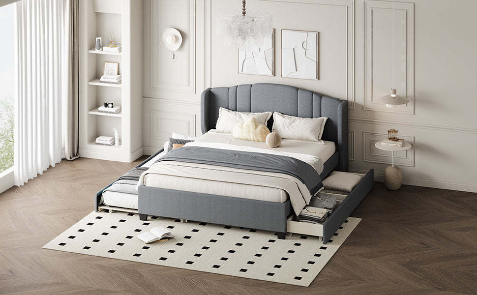 Upholstered Platform Bed with Wingback Headboard, One Twin Trundle and 2 Drawers, No Box Spring Needed, Linen Fabric, Queen Size Gray - Atlantic Fine Furniture Melbourne FL