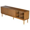 TV Stand With Vertical Slatted Doors And Sliding Panels, Solid Wood Legs - Brown