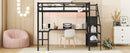Full XL Size Loft Bed with L-shaped Desk and USB, Metal Loft Bed with Wardrobe and Adjustable Shelf, High Loft Bed with LED for Kids Teens Adults, Black