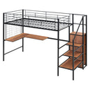 Twin Size Metal Loft Bed with Desk and Metal Grid, Stylish Metal Frame Bed with Lateral Storage Ladder and Wardrobe, Black