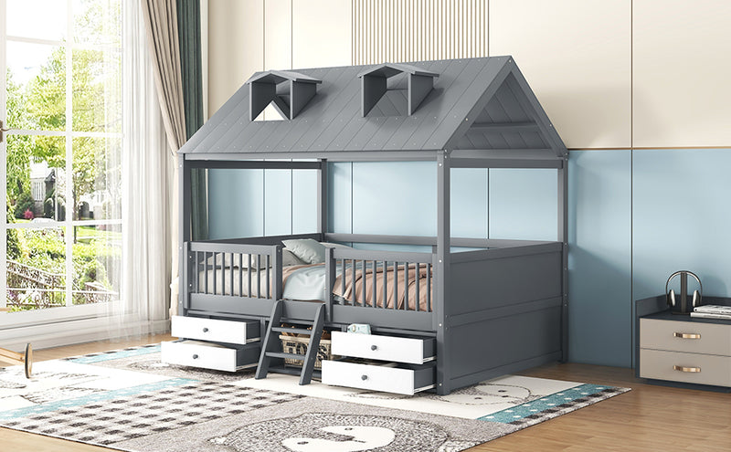 Full Size Wood Bed House Bed Frame,Gray