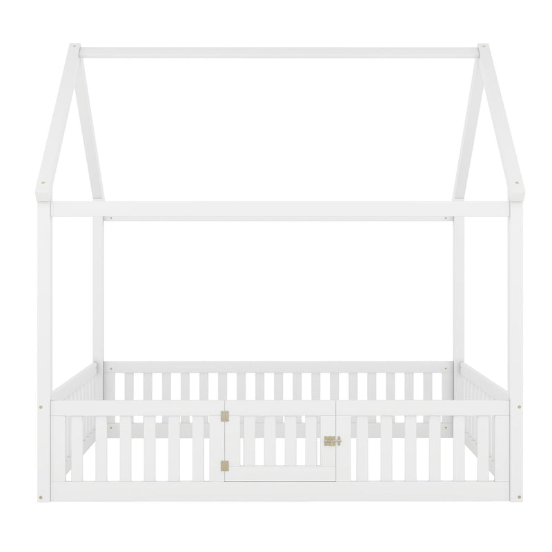 Wood House Bed With Fence And Door