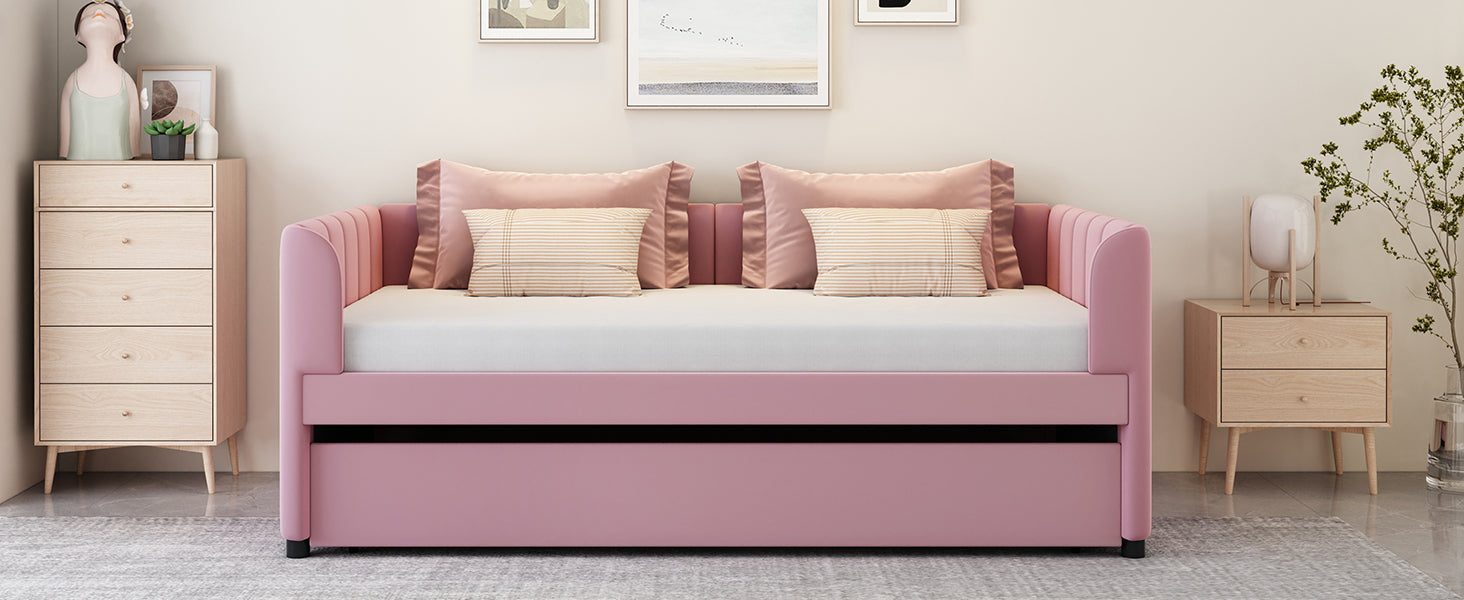 Twin Size Upholstered Daybed with Ergonomic Design Backrest and Trundle, Pink - Atlantic Fine Furniture Melbourne FL