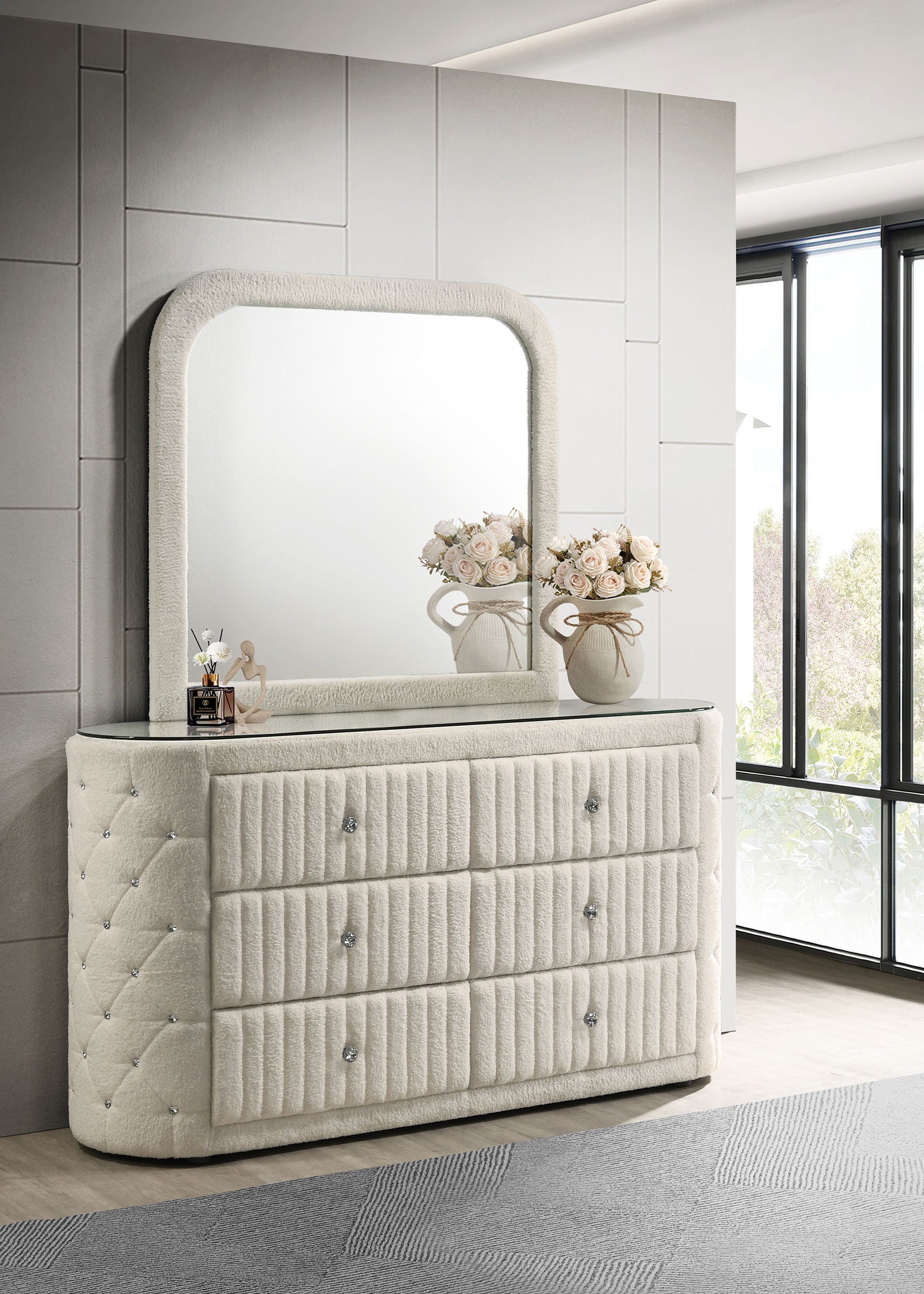 Sonya 6-drawer Upholstered Bedroom Dresser with Mirror Ivory — view 2
