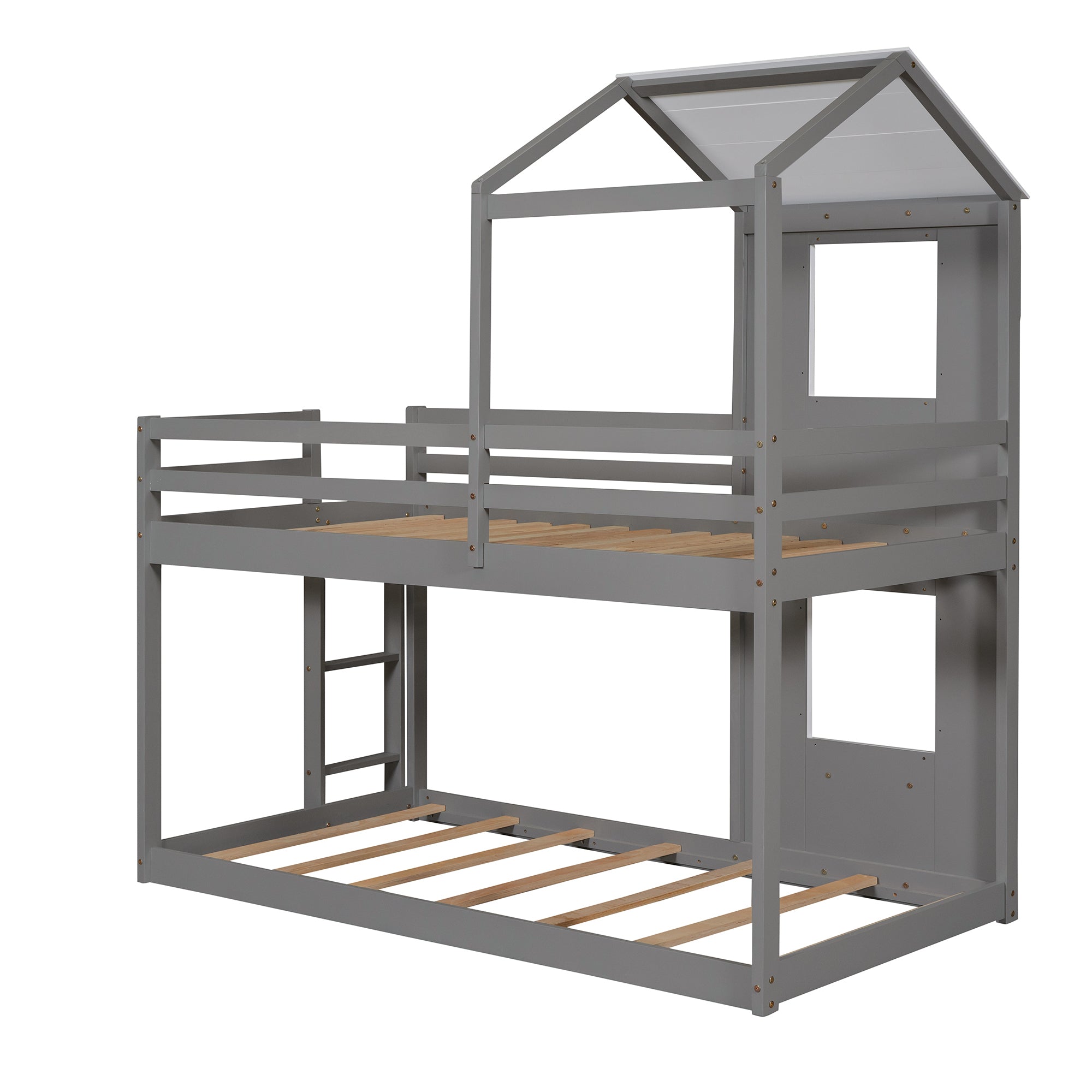 Twin Over Twin Bunk Bed Wood Bed with Roof, Window, Guardrail, Ladder (White) - Atlantic Fine Furniture Melbourne FL