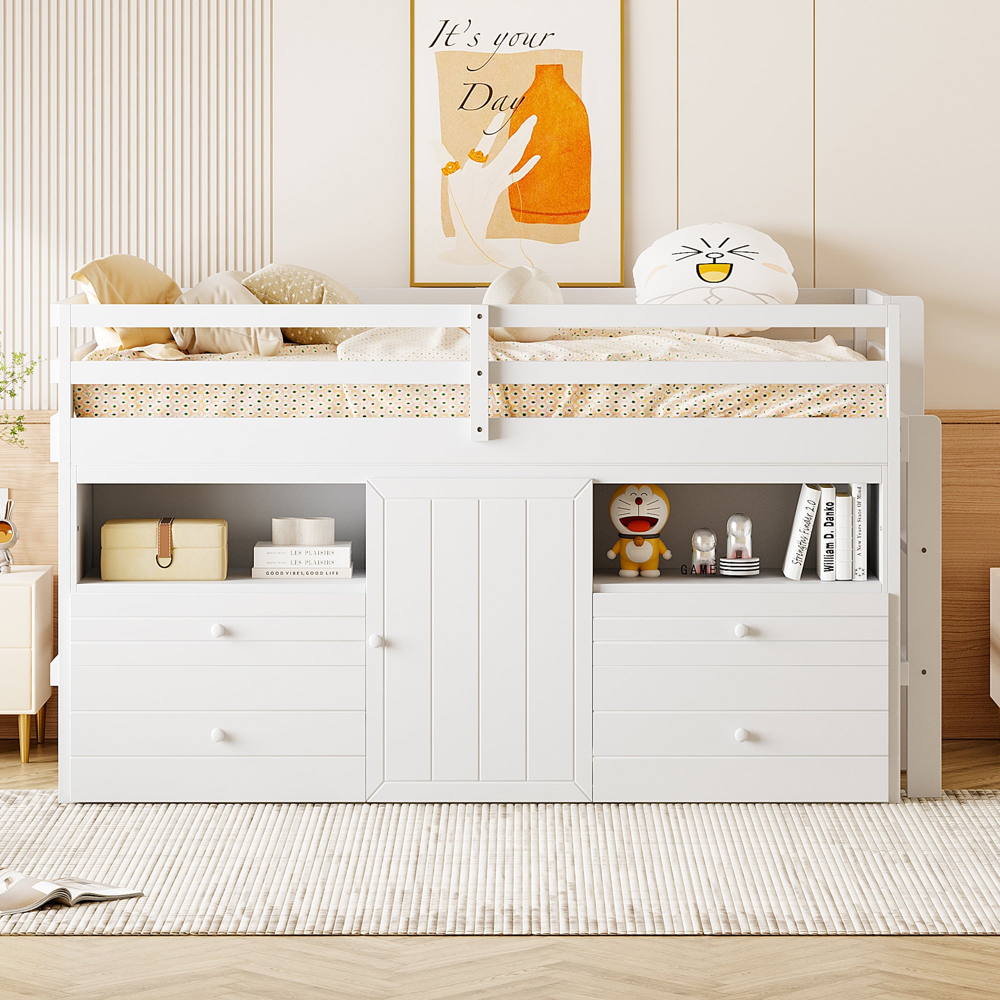 Twin Size Loft Bed with 4 Drawers, Underneath Cabinet and Shelves, White - Atlantic Fine Furniture Melbourne FL