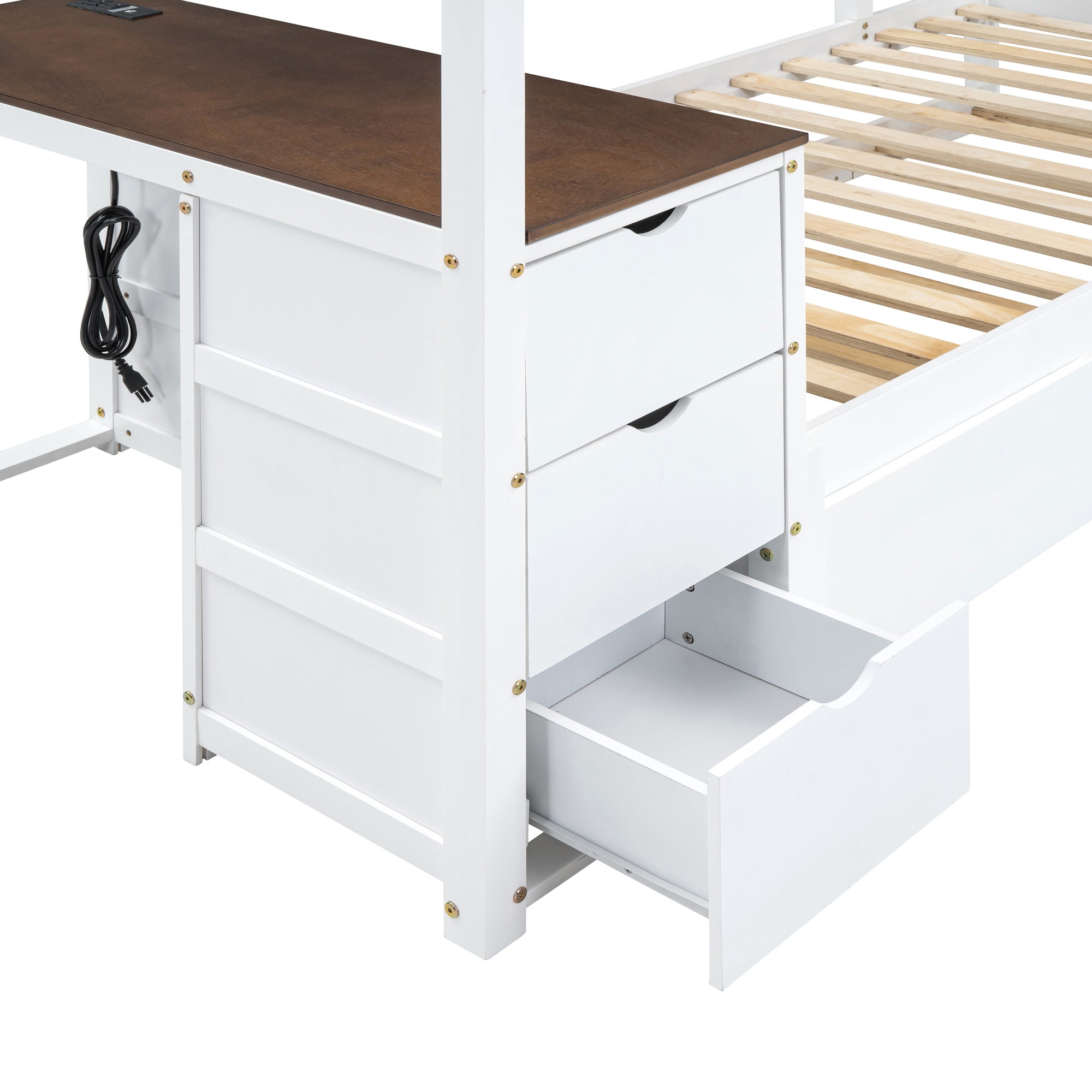 Twin-Over-Twin Bunk Bed with Twin size Trundle, Storage and Desk, White+Walnut - Atlantic Fine Furniture Melbourne FL