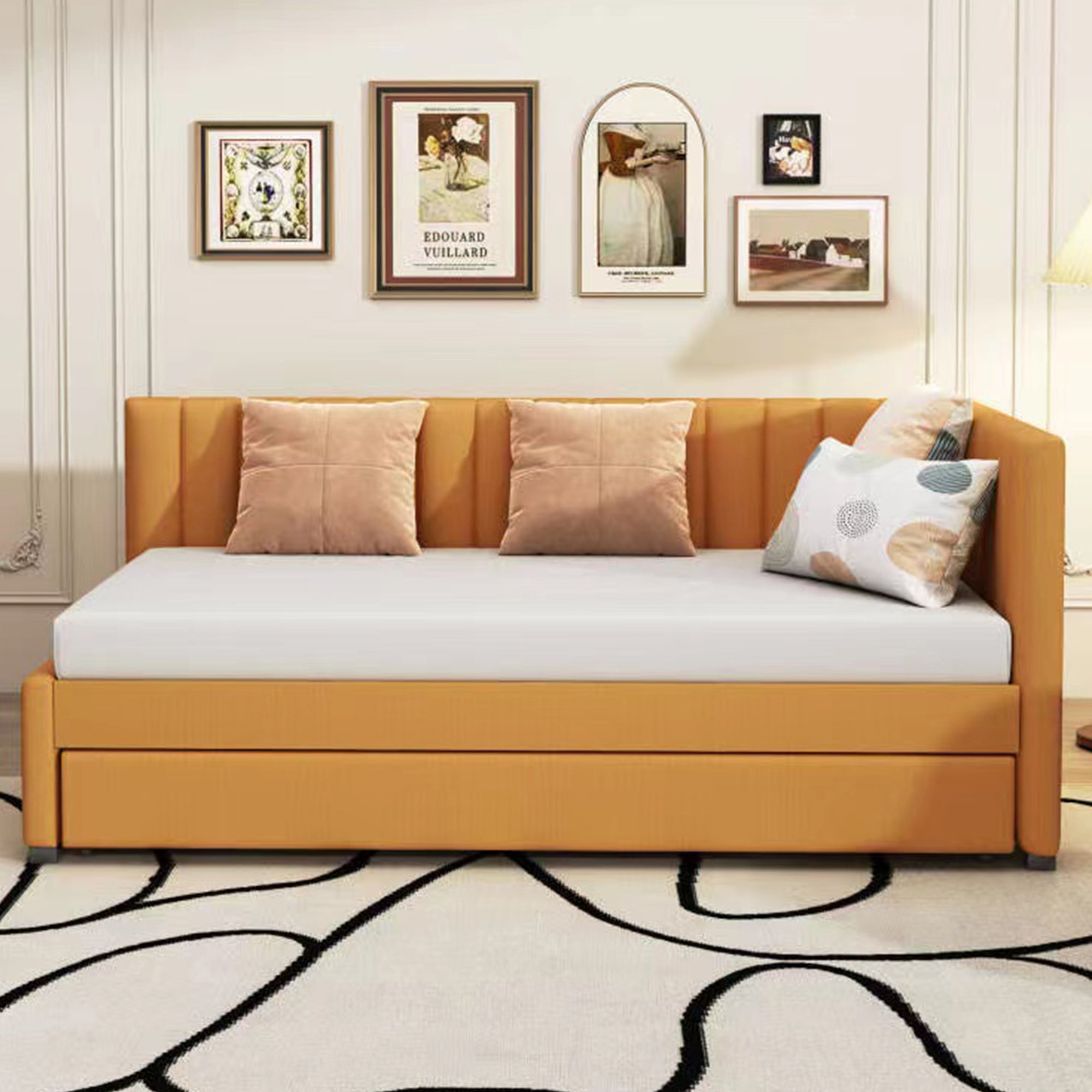 Upholstered Daybed with Trundle Twin Size Sofa Bed Frame No Box Spring Needed, Linen Fabric(Yellow) - Atlantic Fine Furniture Melbourne FL