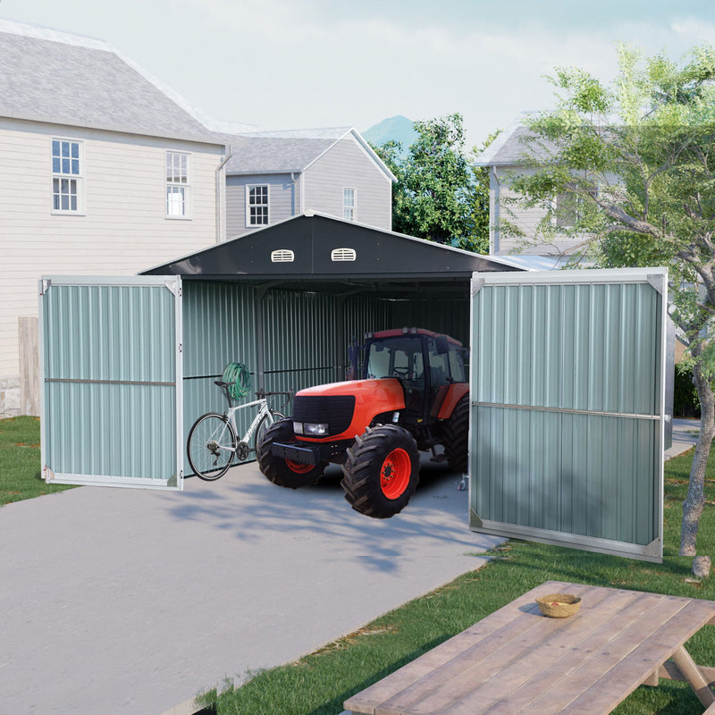 Outdoor Storage Shed Metal Garage Shed For Car, Bike, Lawnmower Backyard Tool House Building 2 Doors And 4 Vents - Black