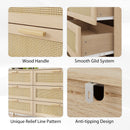 Rattan 6 Drawers Chest Of Dressers For Bedroom, Modern 6 Drawer Dresser, Wide Chest Of Drawers With Wood Handles, Rattan Dresser Storage Cabinet For Living Room, Bedroom, Hallway - Natural Wood / Oak