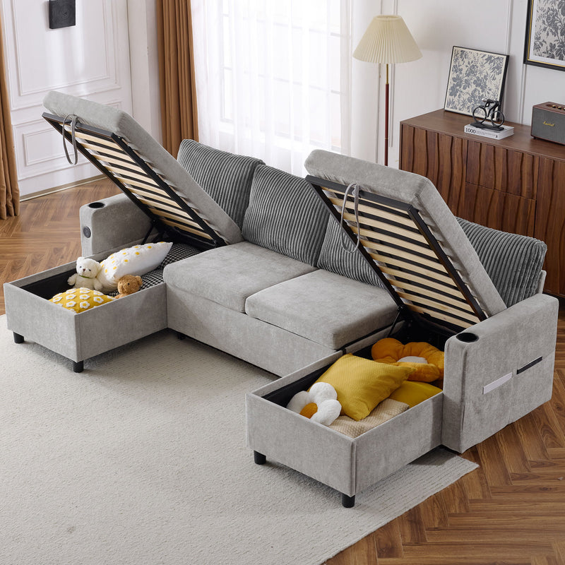 Sectional Sofa Bed With Pull Out Sleeper, USB Ports, Cup Holders