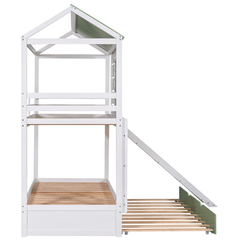 Twin over Twin Size House Bunk Bed with Convertible Slide and Trundle, White+Green