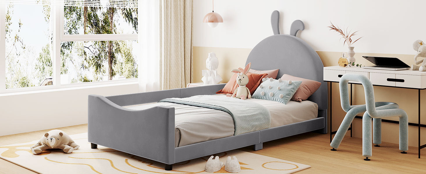 Twin Size Upholstered Daybed with Rabbit Ear Shaped Headboard, Gray - Atlantic Fine Furniture Melbourne FL