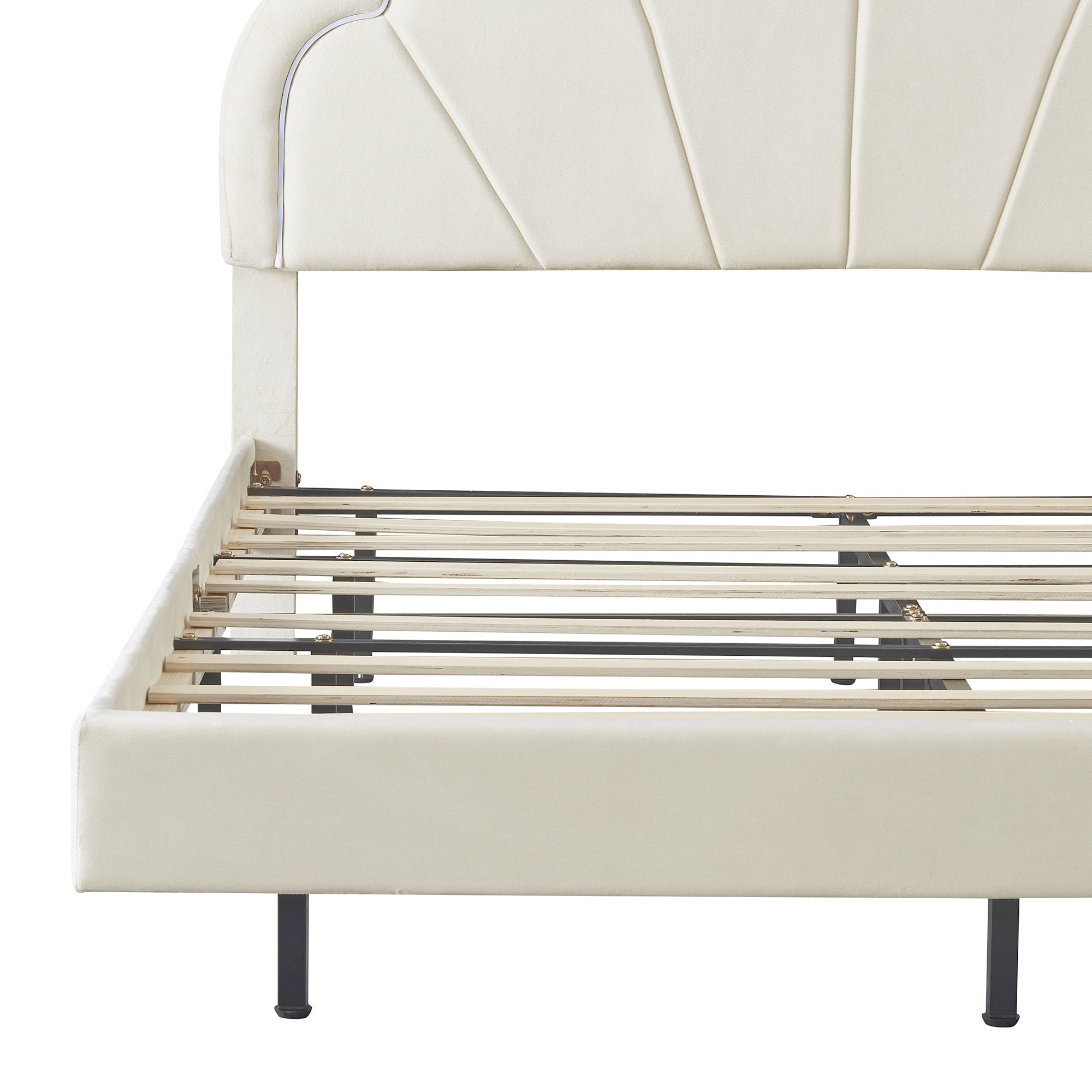 Queen Upholstered Smart LED Bed Frame with Elegant Flowers Headboard,Floating Velvet Platform LED Bed with Wooden Slats Support,Beige - Atlantic Fine Furniture Melbourne FL