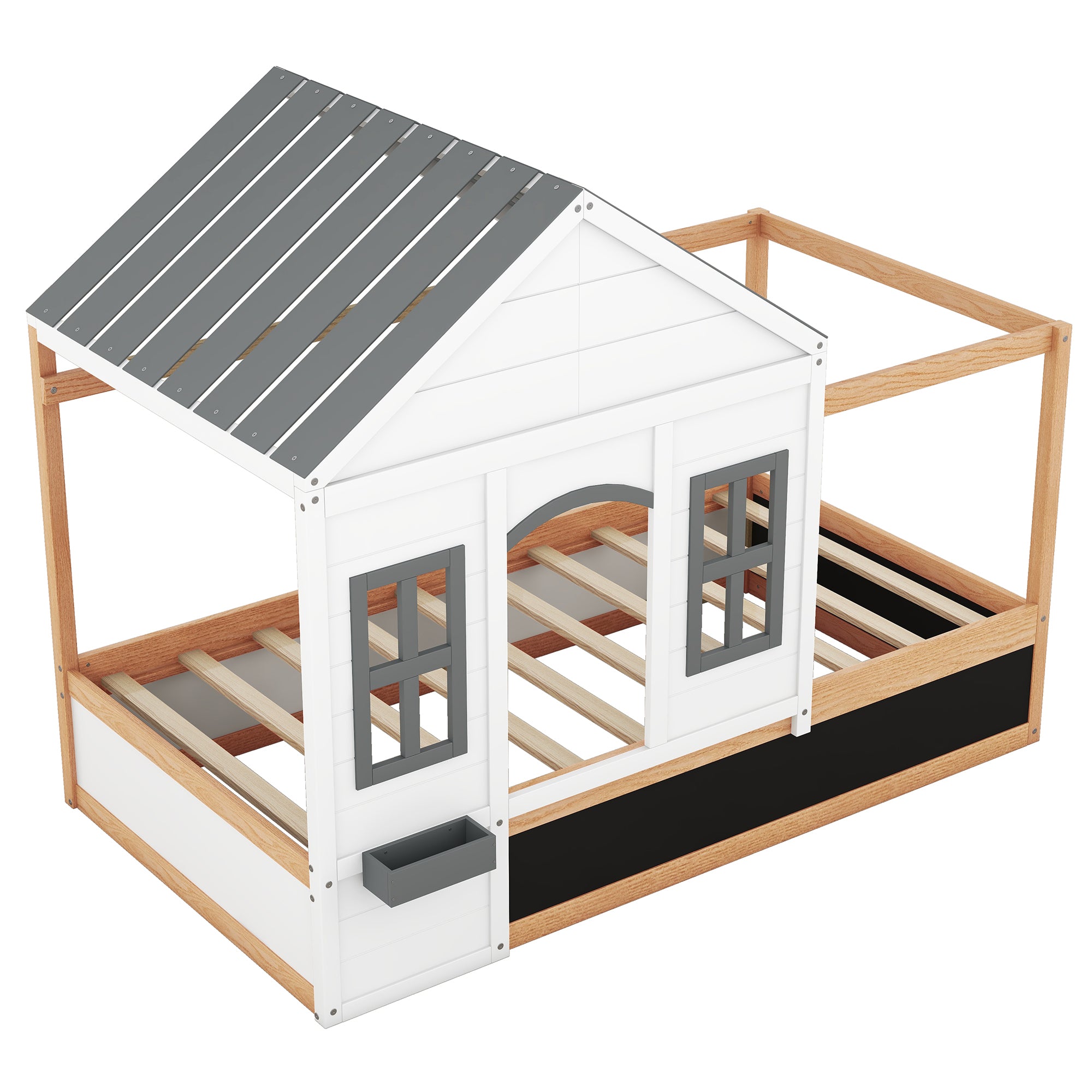 Twin Size House Shaped Canopy Bed with Black Roof and White Window,Blackboard and Little Shelf, White(Old SKU: WF294051AAK) - Atlantic Fine Furniture Melbourne FL