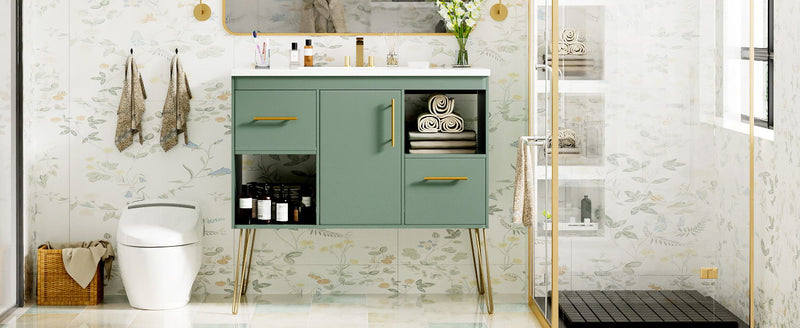 Bathroom Vanity With Resin Sink Combo Set, Modern Freestanding Single Bathroom Cabinet With 2 Drawers & 2 Storage Compartments, Storage Cabinet For Bathroom, Frame Vanity Set - Green