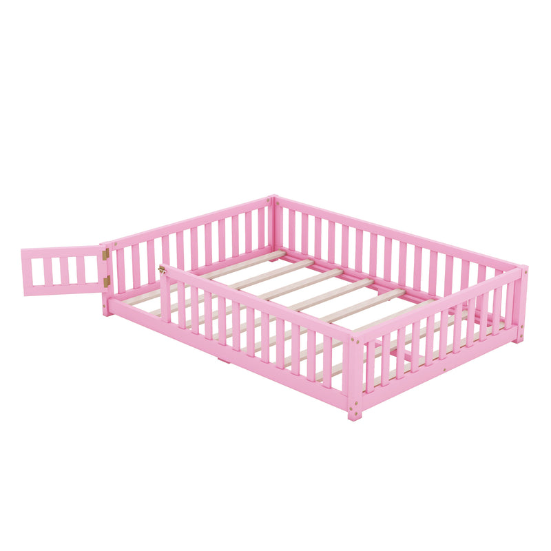 Full Size Bed Floor Bed with Safety Guardrails and Door for Kids, Pink