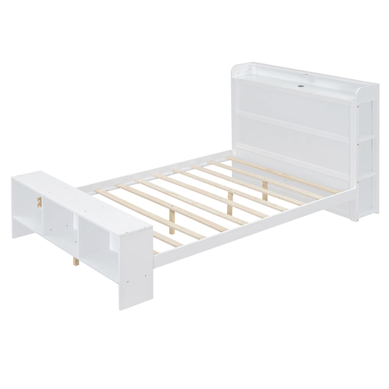 Full Size Platform Bed with built-in shelves, LED Light and USB ports, White