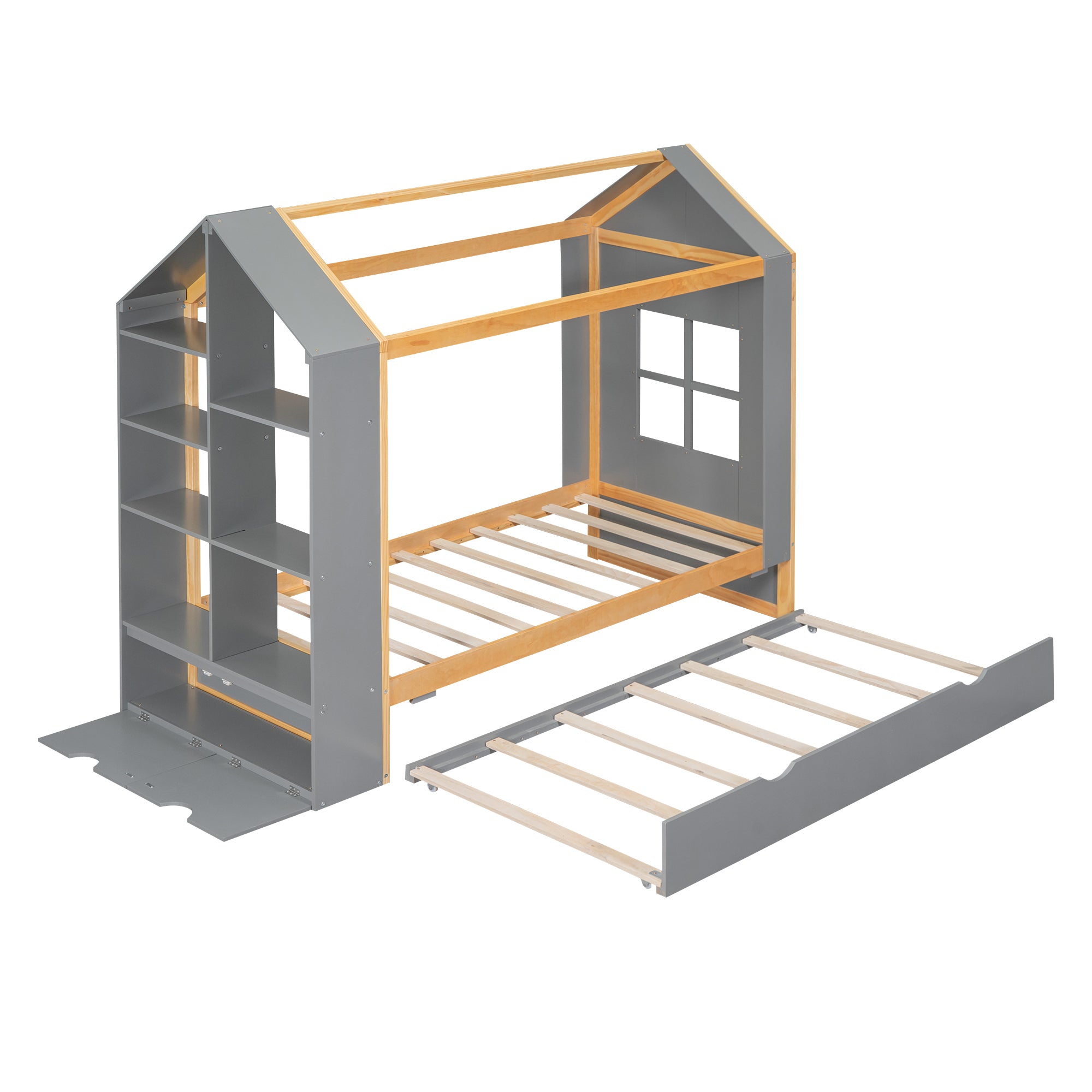 Twin Size House Platform Bed with Storage Shelves and Twin Size Trundle, Grey - Atlantic Fine Furniture Melbourne FL