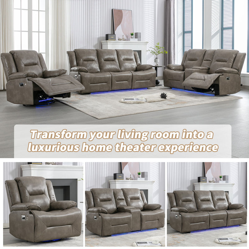 3 Seater Home Theater Recliner Manual Recliner Chair With A Led Light Strip Two Built-In Cup Holders For Living Room