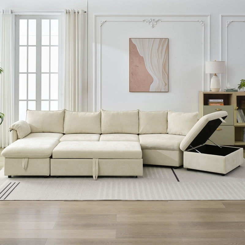 L-Shaped Sofa Sectional Sofa Couch Pull-Out Sofa Bed With A Movable Storage Ottoman, A Storage Chaise Lounge And Two USB Ports For Living Room