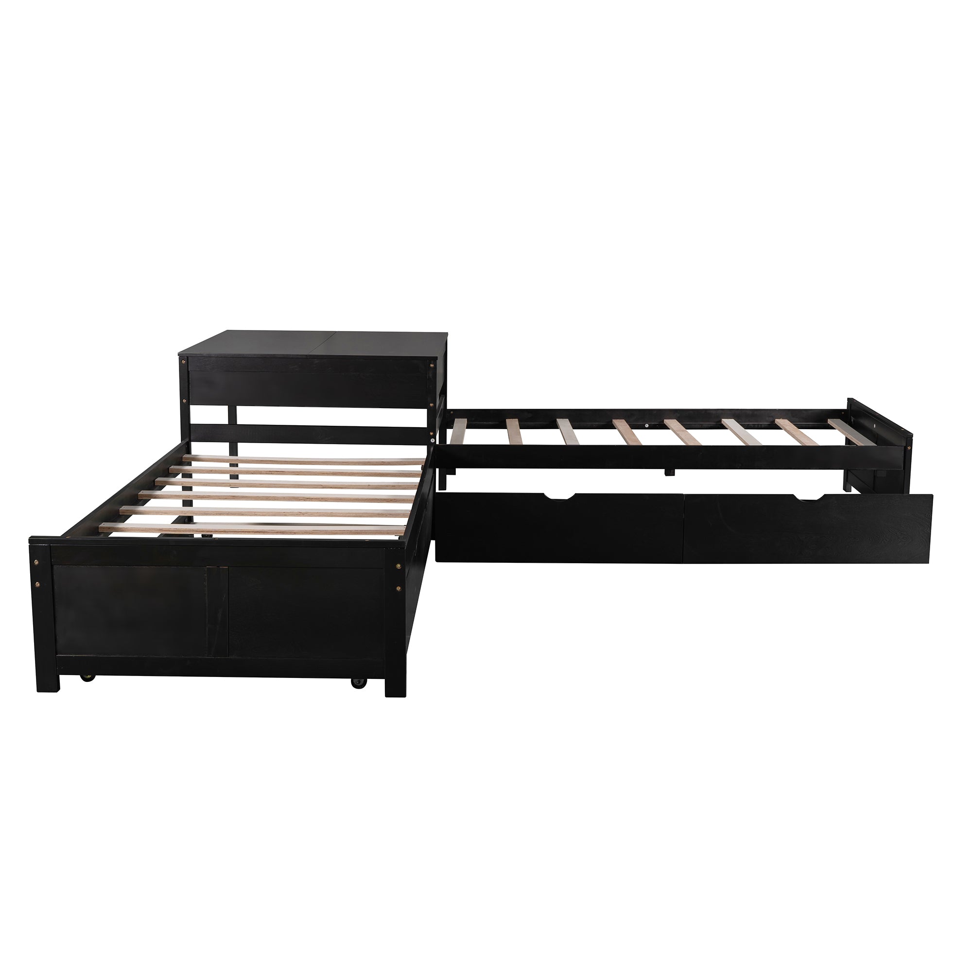 L-shaped Platform Bed with Trundle and Drawers Linked with built-in Desk,Twin,Espresso - Atlantic Fine Furniture Melbourne FL