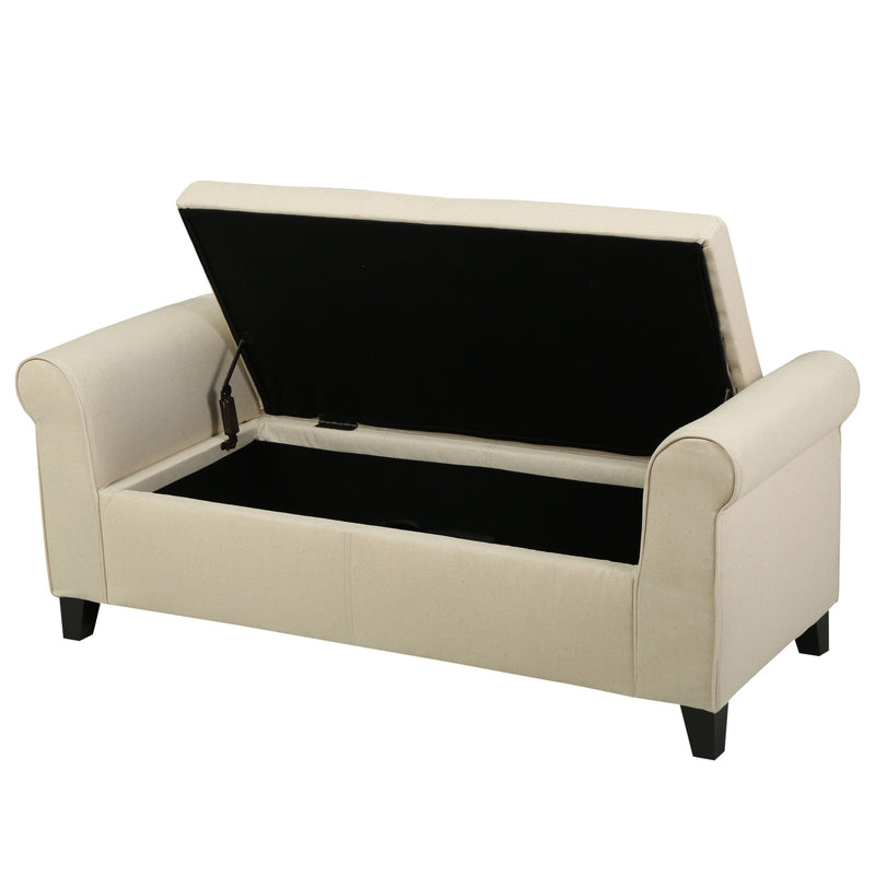 Glistening - Upholstered Storage Bench With Rolled Arms And Wood Legs - Beige