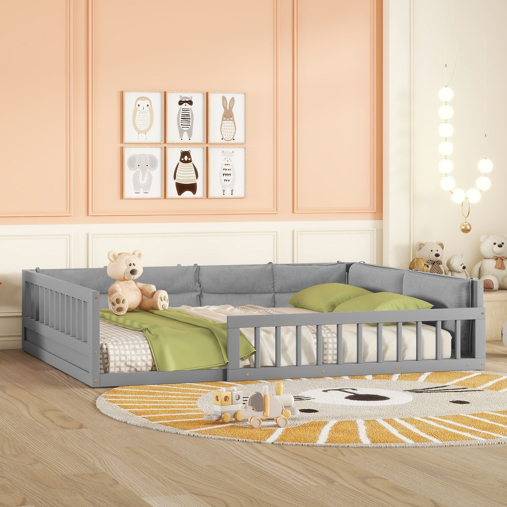 Wood Full Size Upholstered Platform Bed with Guardrail and Pillow, Gray - Atlantic Fine Furniture Melbourne FL