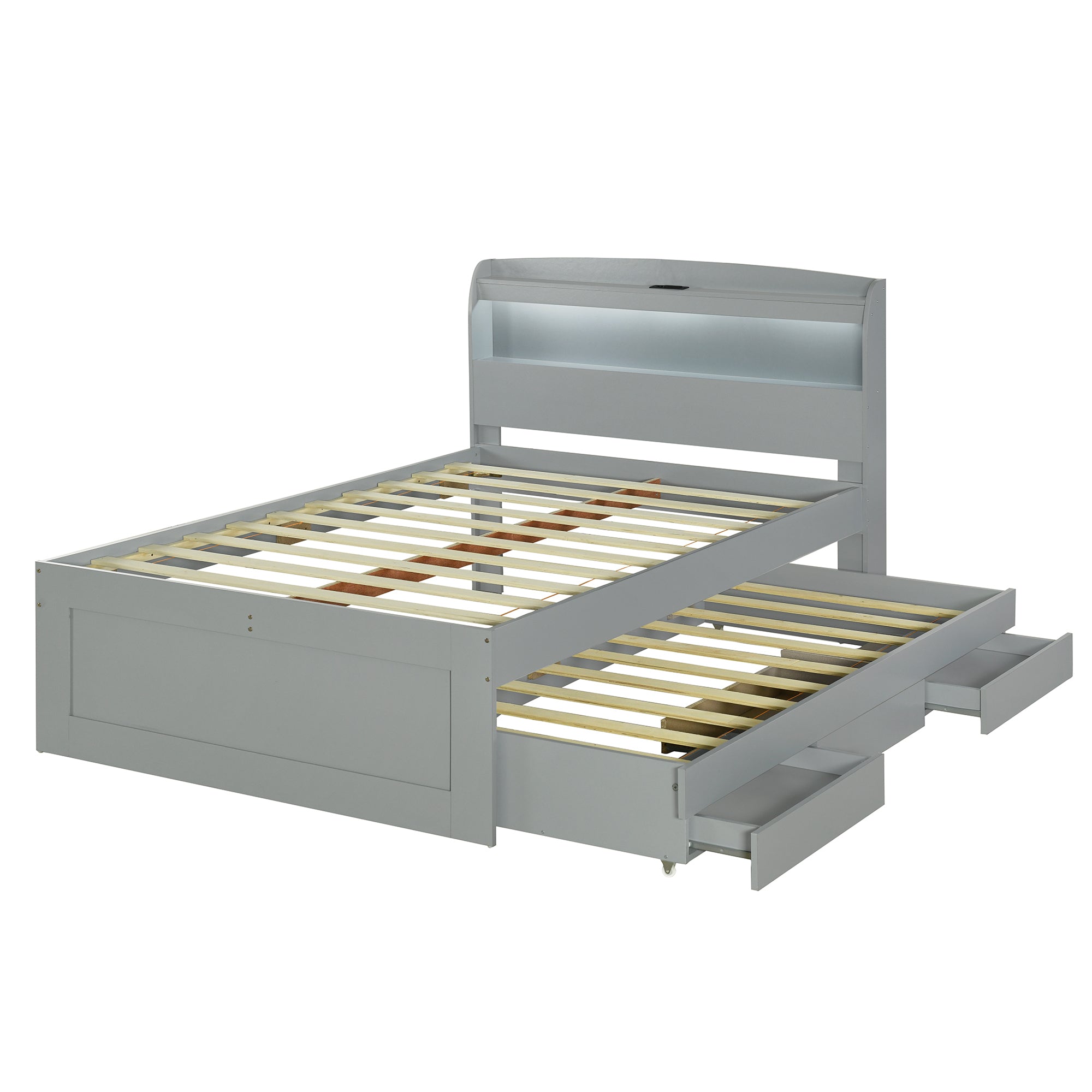 Full XL Size Platform Bed with Storage LED Headboard, Charging Station, Twin Size Trundle and 2 Drawers, Gray - Atlantic Fine Furniture Melbourne FL
