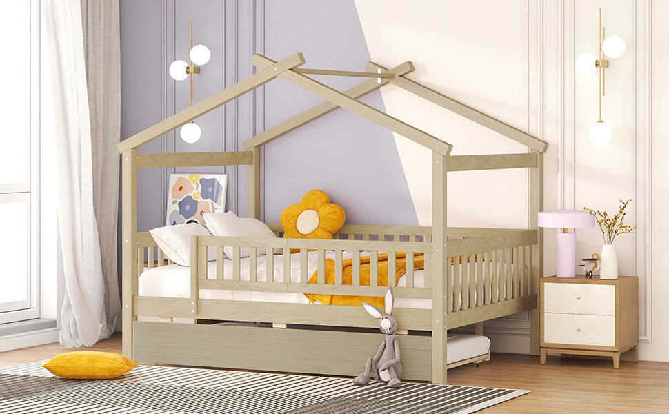Full Size Wooden House Bed with Twin Size Trundle, Natural - Atlantic Fine Furniture Melbourne FL
