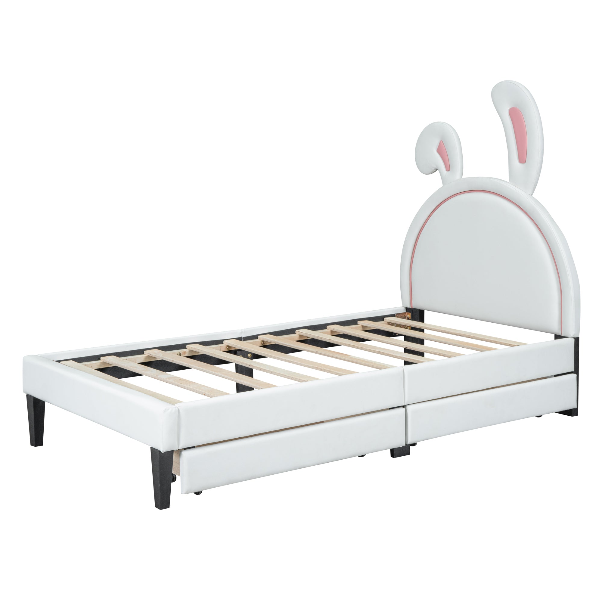 Twin Size Upholstered Leather Platform Bed with Rabbit Ornament and 2 Drawers, White - Atlantic Fine Furniture Melbourne FL