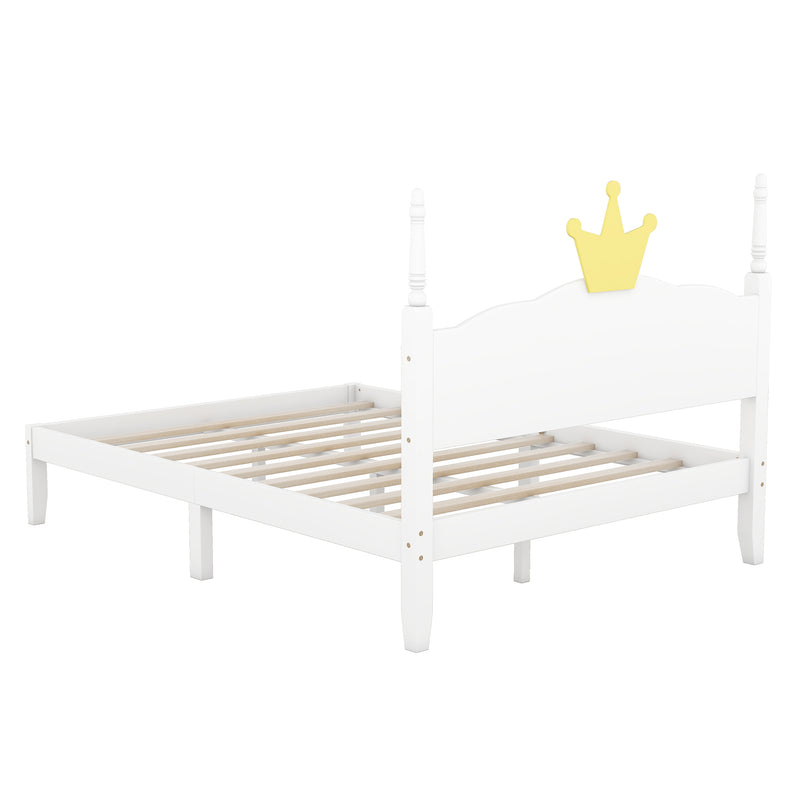 Full Size Wood Platform Bed with Crown Shaped Headboard, White