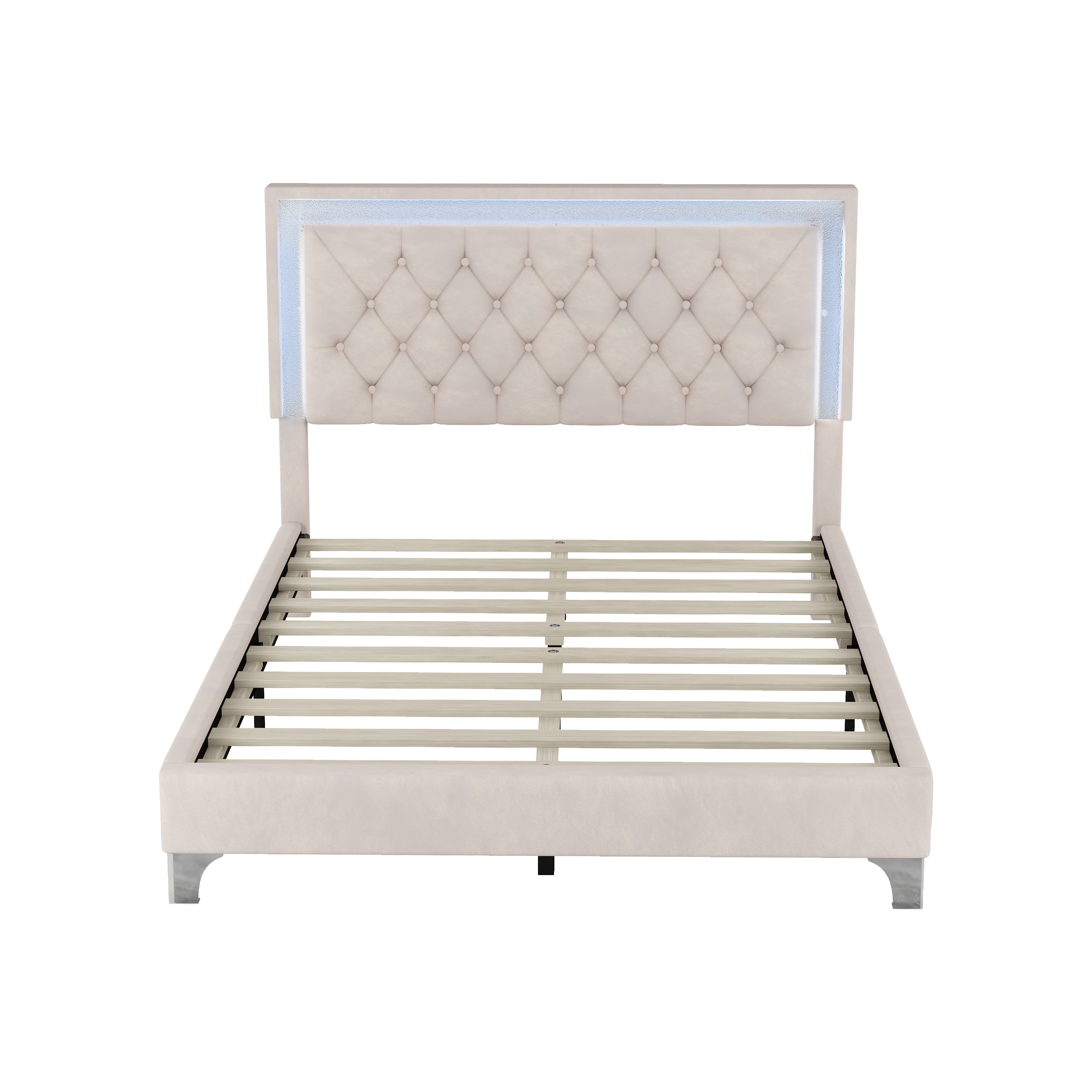 Full Size Upholstered Bed Frame with LED Lights,Modern Velvet Platform Bed with Tufted Headboard,Beige - Atlantic Fine Furniture Melbourne FL