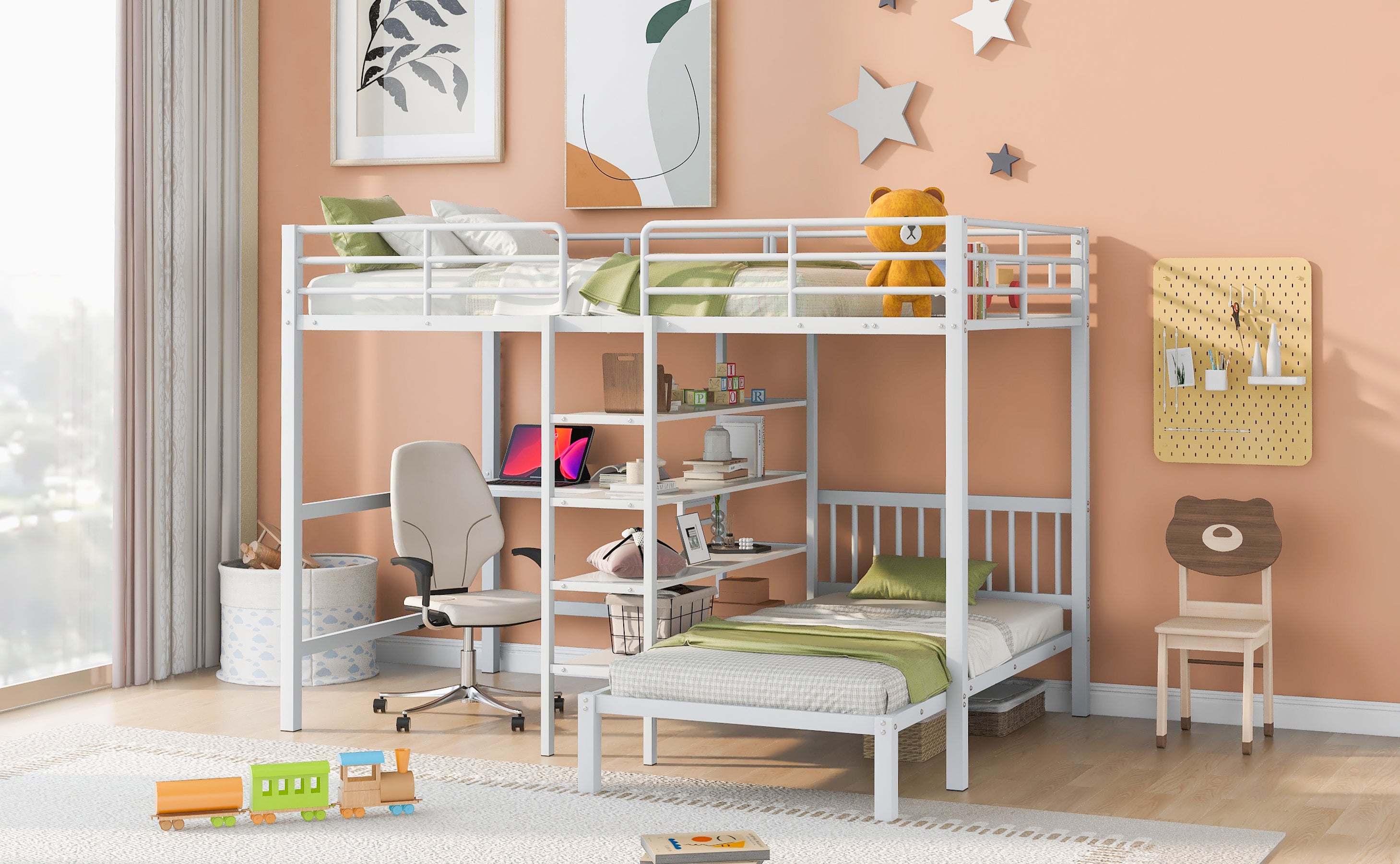 Full Over Twin Metal Bunk Bed with Built-in Desk, Shelves and Ladder, White - Atlantic Fine Furniture Melbourne FL