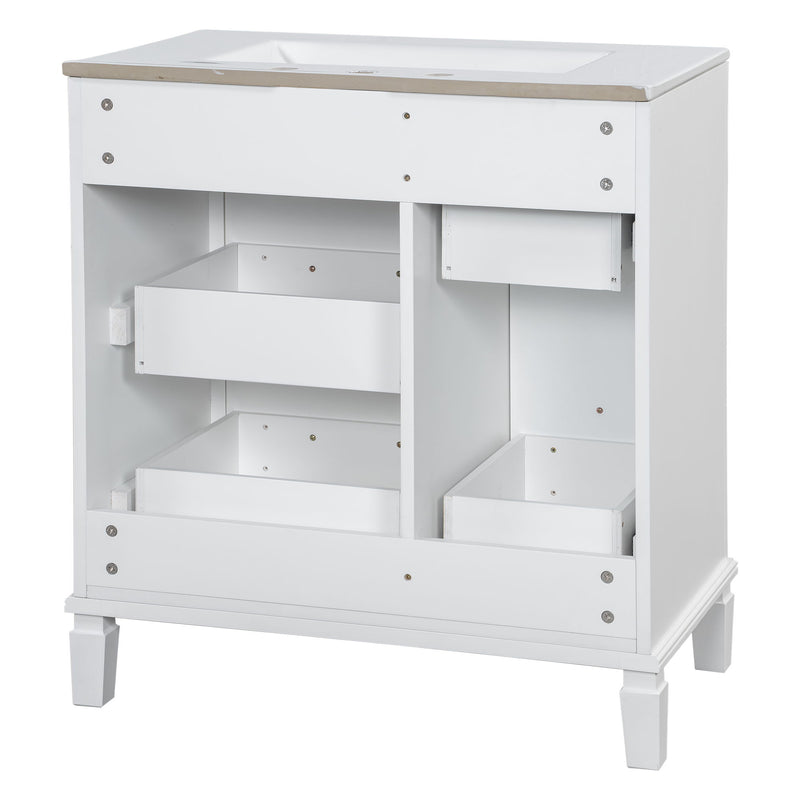 Bathroom Vanity With Ceramic Sink, Flip Out Drawer Design For Plumbing, Soft Close Drawers