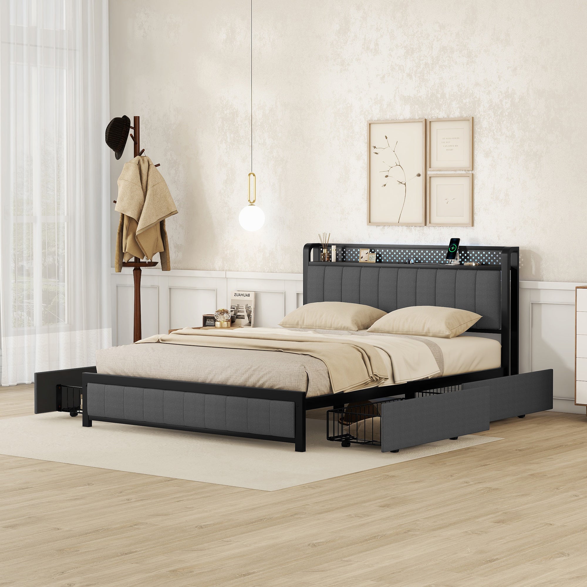 Queen Bed Frame with LED Headboard, Upholstered Bed with 4 Storage Drawers and USB Ports, Dark Grey - Atlantic Fine Furniture Melbourne FL