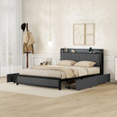 Queen Bed Frame with LED Headboard, Upholstered Bed with 4 Storage Drawers and USB Ports, Dark Grey